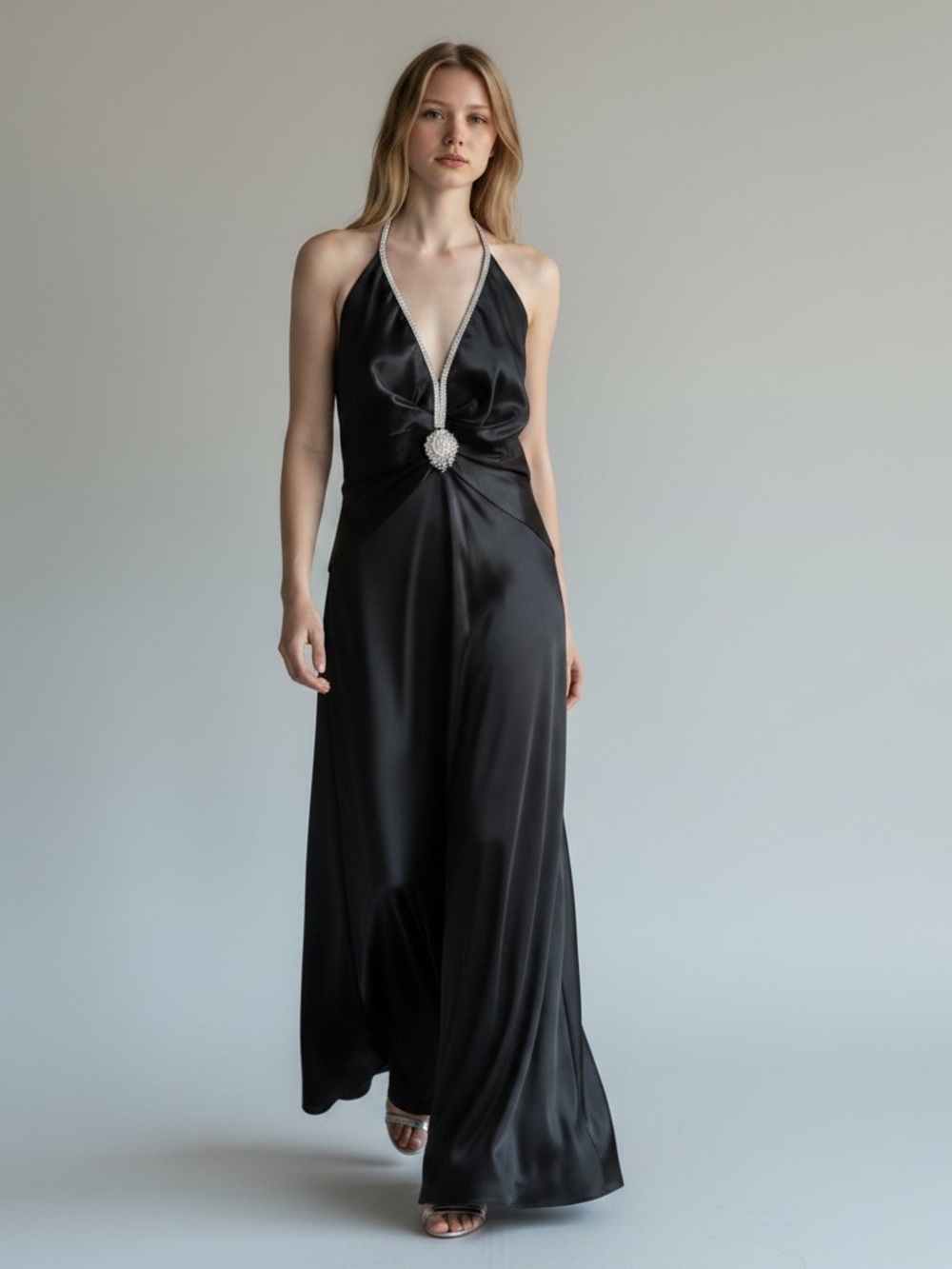 A.B.S Allen Schwartz Black Satin Halter Gown  Rhinestone Maxi Dress Event 6 Sexy